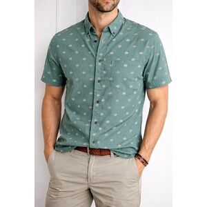 Prana Mens Slim Fit Short Sleeve Button Down Shirt Teal Green Print Large LRG